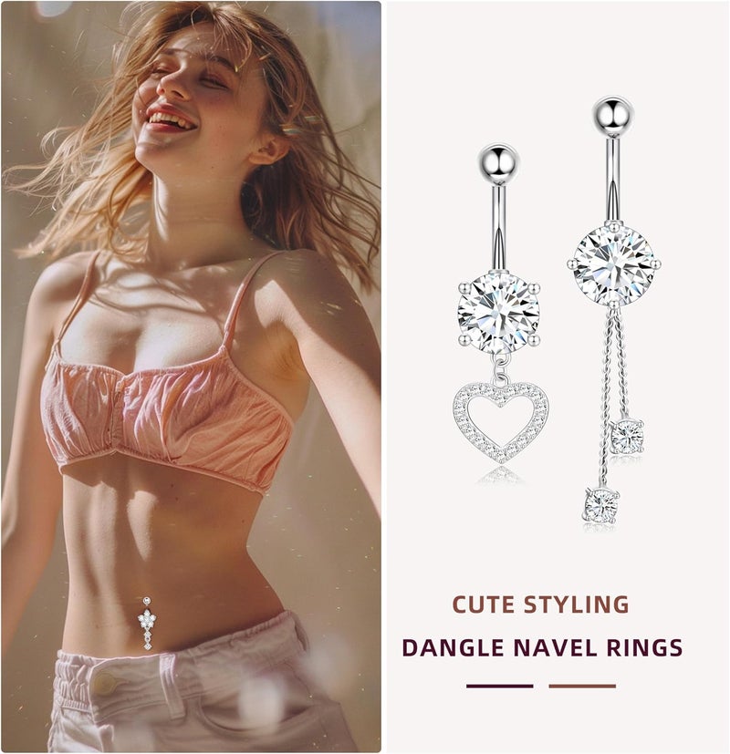Leocuci Store Surgical Stainless Steel Dangle Belly Button Rings for Women Belly Ring Dangling Piercing Jewelry with Heart Flower Butterfly14G - Image 5